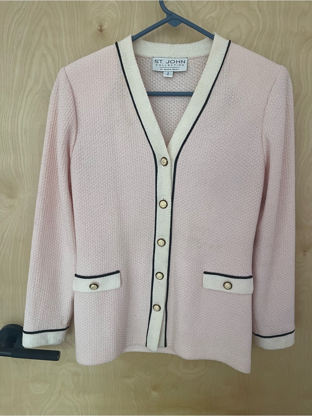 Vintage St. John Blush Pink Knit Cardigan with Cream Trim and Black Piping